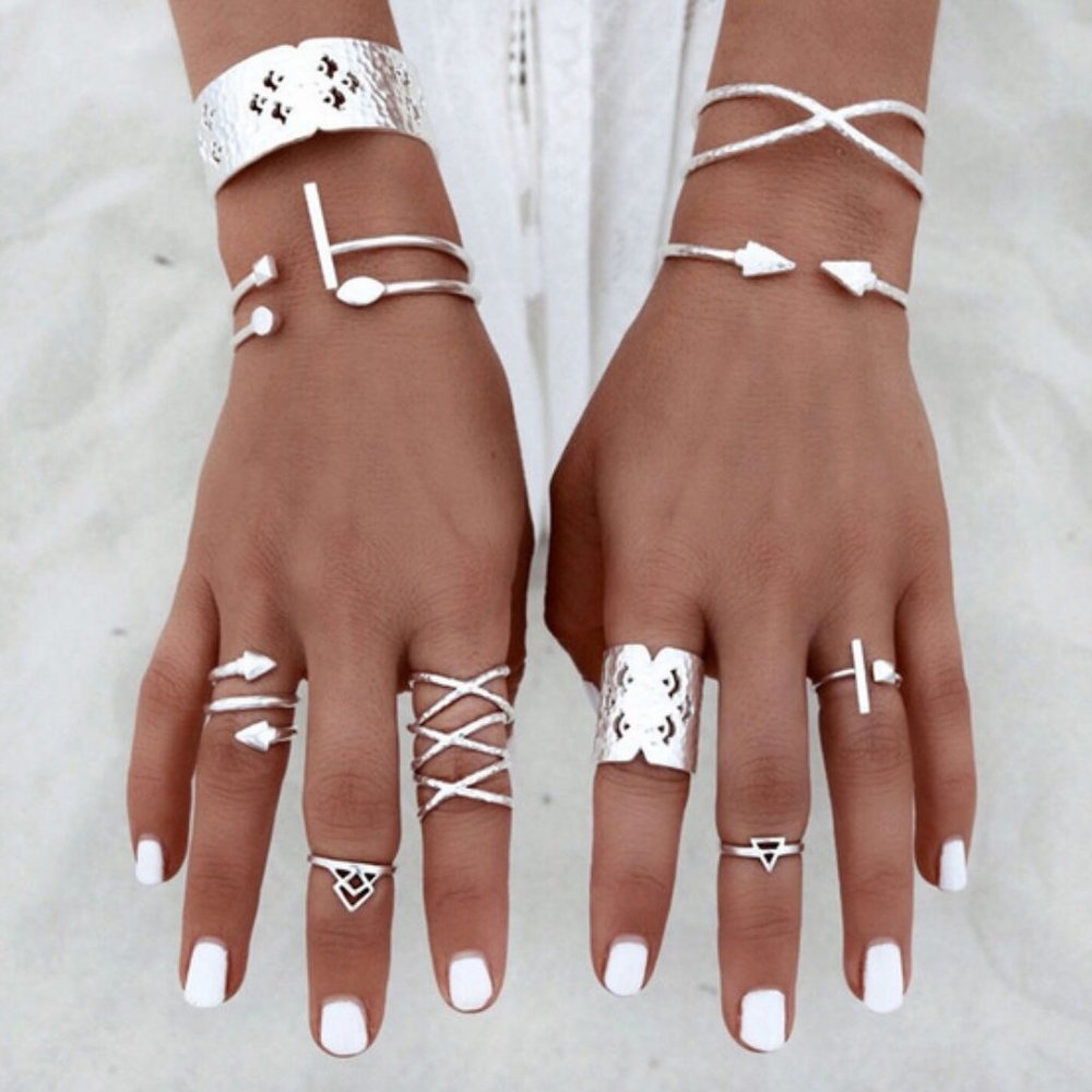 🍒 EIGHT Bohemian Silver Ring Set - Picture 2 of 4